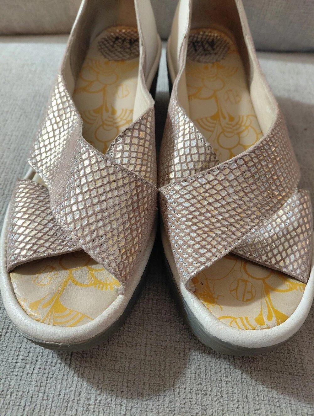 Fly London Cream Metallic Wedge Sandals